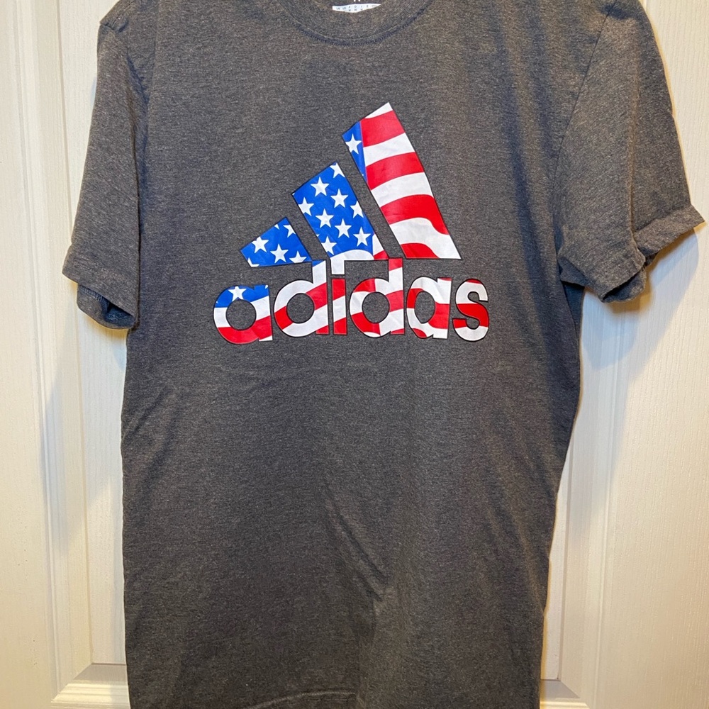 Adidas Men's Gray Tee with American Flag Logo